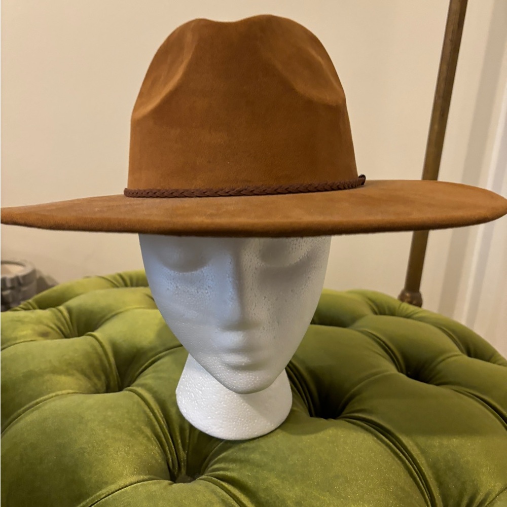 Tobacco faux suede stiff brim Fedora
